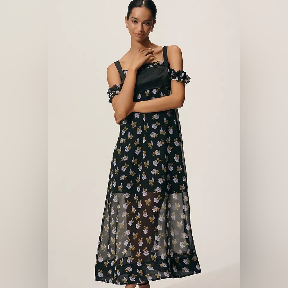 New Anthropologie Maeve Square-Neck Sheer Floral Midi Dress Black Size Medium
